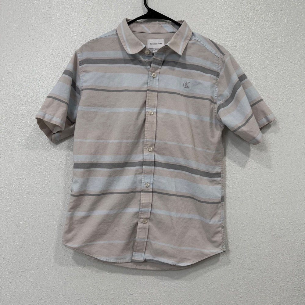 Calvin Klein Jeans Boys XL LT GIEG 18 20 Striped Short Sleeve Button Up Shirt